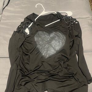 Black Long Sleeve Top with Silver Heart Design